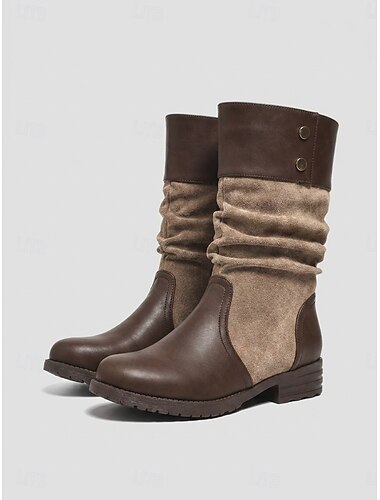  Dames Casual Dagelijks Kleurenblok Siernagel Lage hak Ronde Teen Vintage Casual Imitatieleer Imitatiesuède Leegloper Bruin