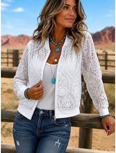  Dame Casual jakke Letvægt Bekvem Broderi Illusionsblonder Elegant Daglig Afslappet Boho Vintage Afslappet Daglig Ferierejse Ferie Kort Høj krave Regulær Langærmet Overtøj Hvid Forår Efterår