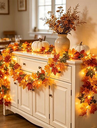  Guirlanda artificial de folhas de bordo com luzes de fada de 1,8 m e 20 LEDs para o Dia de Ação de Graças, ideal para decoração de casa, varanda, janela, fachada de loja e jardim. Perfeita para o