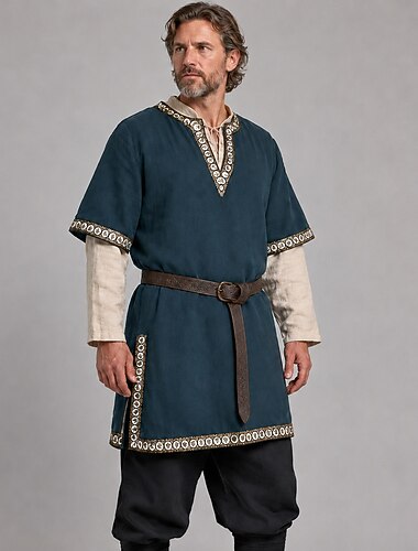  Medievale Rinascimento 17° secolo Camicia Tunica Pirata Guerriero Cavaliere Vichingo Cavaliere Celtico Ricamato Ricamo Costume Per uomo Vichingo Fantasia Halloween Mascherata Performance Mascherata
