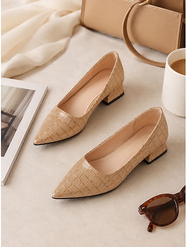  Damesko med krokodillepræget spids tå og lav blokhæl, elegante slip-on-sko, komfortable flade sko til kontoret til business casual, bryllup og hverdagsbrug
