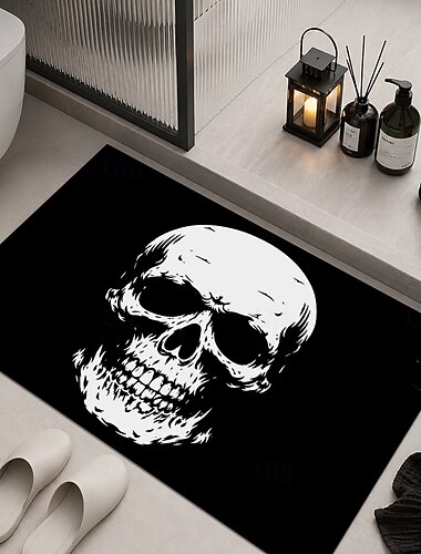  Felpudo de Halloween con calavera, alfombra de entrada blanca y negra, alfombra antideslizante para interior y exterior, alfombra de baño, decoración gótica de Halloween para el hogar