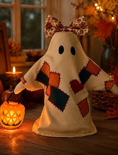  Decorazione di Halloween con fantasma vintage patchwork illuminato, statuetta da tavolo a forma di fantasma con LED, decorazione di Halloween rustica in stile fattoria, decorazione spettrale e carina