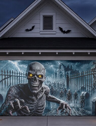  halloween garázsajtó borító transzparens jégbarlang csontváz koponya fagyott kék horror kültéri ijesztő kísértetjárta ház udvar veranda dekoráció tél halloween udvari kiállítás