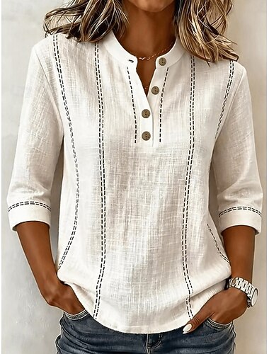  Femmes Chemise Chemises en coton et lin Vacances ancien Quotidien Col montant Hauts Longs Occasionnel Quotidien Travail Bleu Rose Claire Beige Été Printemps