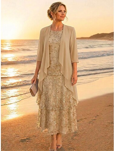  Todelt A-linje Ankellengde Te-lengde Kjole til brudens mor 3/4 ermer Halvlange ermer Øsehals Elegant Enkel Luksuriøs Formell Bryllupsgjest Chiffon Blonder Jakke kjoler med Perlearbeid Paljett Drapert