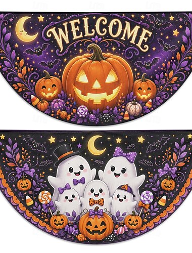  Halloween halvrunde flaggstativer sett med 2 velkomstflagg gresskar spøkelsesfamilie godteri flaggermus utendørs veranda rekkverk gjerde festdekorasjoner