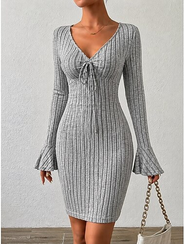  Damen Minikleid Pulloverkleid Elegant Mode Klassisch Täglich Urlaub Schlank Einfach Langarm V Ausschnitt Grau Herbst Winter