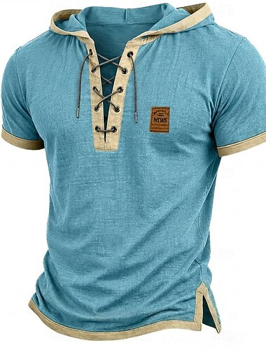  Herren T Shirt Henley Hemd T-Shirt Kurzarmshirt Kurzarm Mit Kapuze Schnürhals Frühling & Sommer Sommer Frühling Farbblock Mode Designer Basic Patchwork Lässig Urlaub Straße Blau Marineblau Braun Top