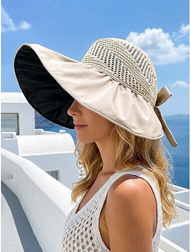  Chapeau de soleil pliable à large bord avec nœud pour femme, en polyester, multicolore, idéal pour la plage, les vacances, le jardinage, la randonnée et les voyages. &vêtements d'extérieur
