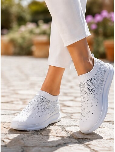  slip-on sneakers för kvinnor med regnbåge – färgglada stickade atletiska skor med strass utsmyckningar för vardagskläder och promenader