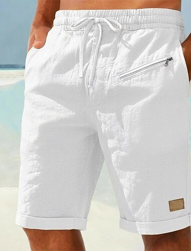  Herren Leinenshorts Sommershorts Strandshorts Kordelzug Elastischer Bund Reißverschlusstasche Einfach Texture Einheitliche Farbe Komfort Weich Knielang Lässig Täglich Strand Mode Schick & Modern Wei