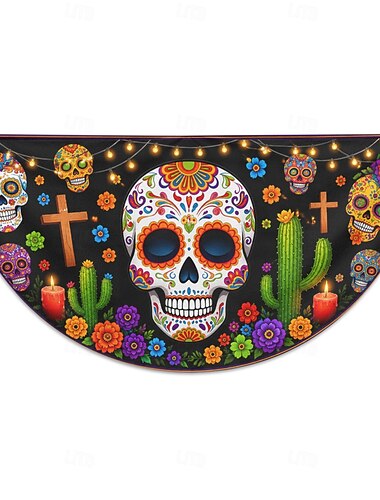  De dødes dag halv halloween rund flaggstrøk sukkerhodeskalle blomsterkaktus fiesta utendørs veranda rekkverk gjerde festdekorasjon