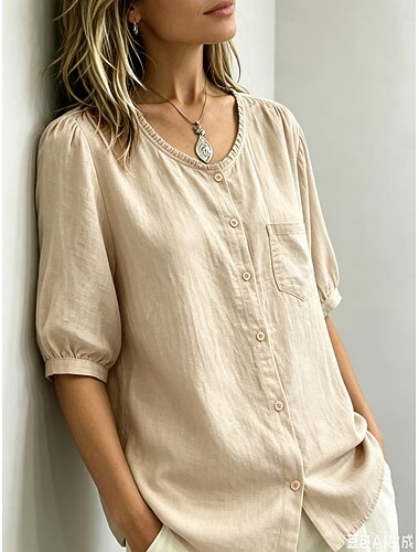 Per donna Blusa Tessuto Semplice Elegante Casual Mezza Manica Girocollo Top Regolari Casuale Quotidiano Blu Arancione Beige Estate Primavera