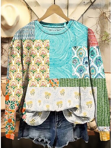  Per donna Felpa Pullover Patchwork Stampato Floreale Grafico Caldo Attivo Vintage Manica Lunga Girocollo Top Regolari Casuale Streetwear Abbigliamento Quotidiano Blu Primavera Autunno Inverno