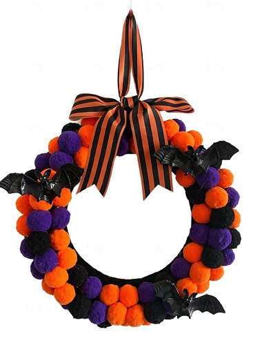  Couronne de pompons en fil coloré de 35 cm (13,78 pouces), couronne décorative faite main pour porte d'entrée, décoration murale à suspendre pour entrée, fenêtre, porche, salon, fête, style champêtre,