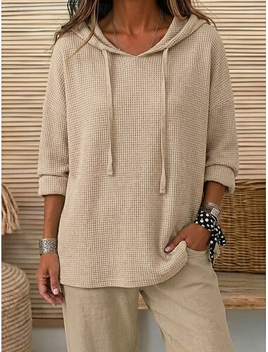  Dames casual vintage wafel hoodies met trekkoord en capuchon, kaki roze, geschikt voor dagelijks gebruik, herfst/winter