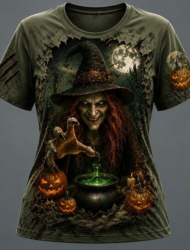  Halloween Femmes T-shirt Imprimé Graphique Potiron Halloween ancien Élégant Classique Manche Courte Col ras du cou Col rond Hauts Réguliers Occasionnel Quotidien Week-end Vert Gris foncé Bis Ét