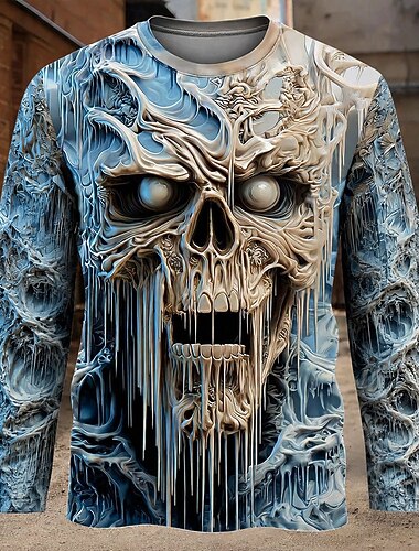  Halloween Herren Schädel T Shirt Langarm T-Shirt 3D-Druck Rundhalsausschnitt Hemd Mode Übertrieben Horror Lässig Täglich Straße Blau Purpur Grün Sommer Frühling Herbst Bekleidung S M L XL XXL XXXL