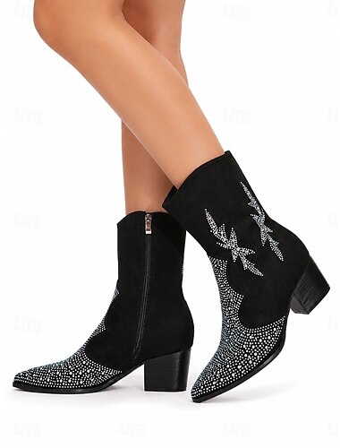  Schwarze Damen-Cowboystiefel mit Strasssteinen – Westernstiefel aus Wildleder mit spitzer Zehenpartie, Blockabsatz und mittelhohem Schaft, ideal für Halloween-Kostüme und lässigen Streetstyle