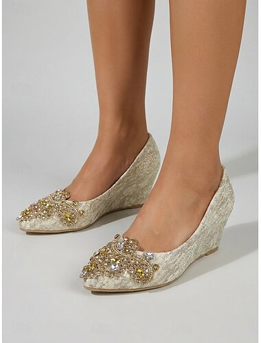  Retro damepumps med kilehæl - barok guld blonde spids tå rhinsten krystal slip-on til cocktailfest, aftengalla