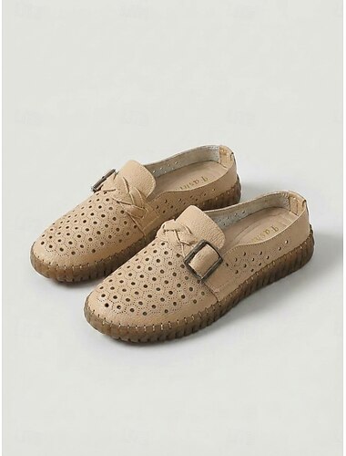  Beige casual muiltjes voor dames met lasergesneden details - ademende, geperforeerde instapschoenen met gesp. &Gevlochten bandjes, comfortabele schoenen zonder hielstuk voor dagelijks gebruik en
