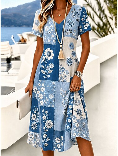  Per donna Abito Midi Vestito T-Shirt Abito a trapezio Elegante Vacanza Tropicale Spiaggia Vestibilità regolare Ombre Floreale Grafico Manica Corta Scollo a V Blu Giallo Rosa Azzurro cielo Estate