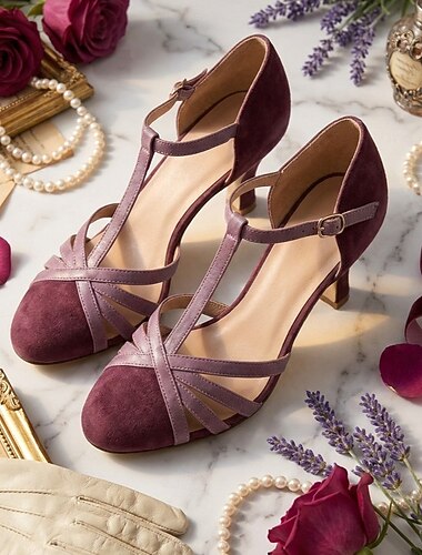  Dámské retro lodičky - vintage lodičky Mary Janes z 50. let s T-strap ramínky, zkříženými ramínky a semišovou špičkou v tmavě fialové a levandulové barvě pro streetwear, denní nošení, odpolední čaj