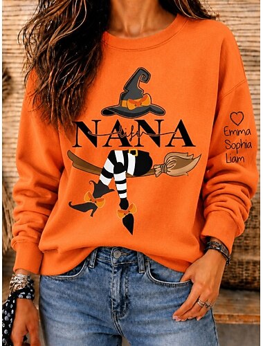  Dames Trui-sweatshirt Afdrukken Grafisch Doodskoppen Heks Klassiek Casual Lange mouw Strakke ronde hals Normale tops Casual Feestavondkleding Feestoutfits Zwart Oranje Lichtgrijs Lente Herfst