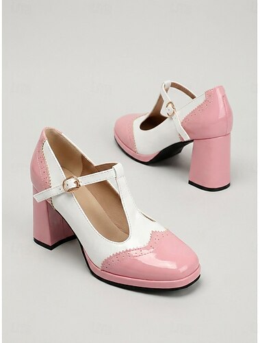  Retro Mary Janes met blokhak voor dames - roze en witte lakleren brogues met T-bandje voor een Franse vintage stijl, geschikt voor dagelijks gebruik.