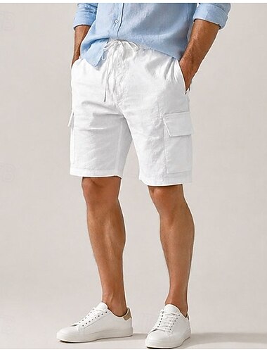  Leinen-Cargoshorts für Herren – knielang, elastischer Bund mit Kordelzug, mehrere Taschen, bequem &atmungsaktiv, lässig, für draußen &Strandurlaub, schwarz & Weiß
