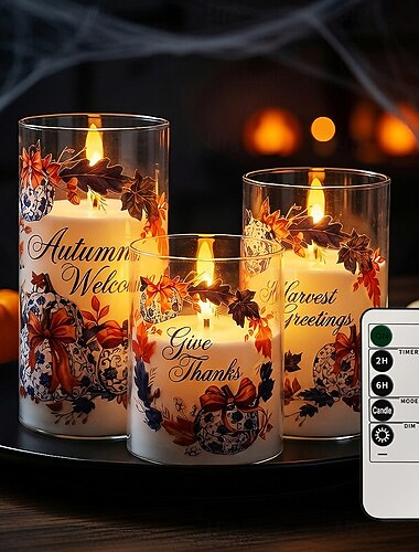  3 stuks vlamloze ledkaarsen met afstandsbediening, Halloween pompoen- en esdoornbladkaarsen, batterijgevoede herfstdecoraties met timer &Verstelbare helderheid, Thanksgiving-oogstdecoratie voor thuis