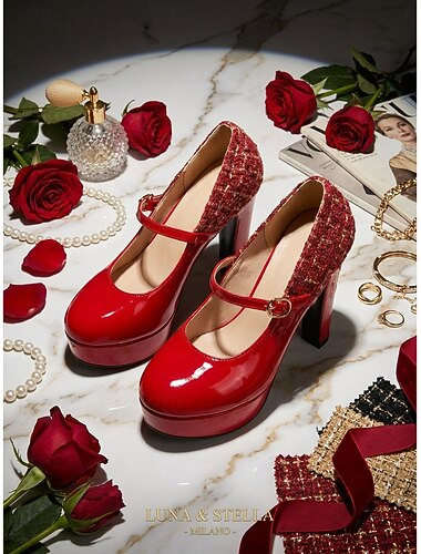  Dames Mary Jane hakken - vintage sandalen uit de jaren 50 met ronde neus, plateauzool en enkelbandje in rood-wit ruitpatroon, perfect voor streetwear, dagelijks gebruik en een middagthee.