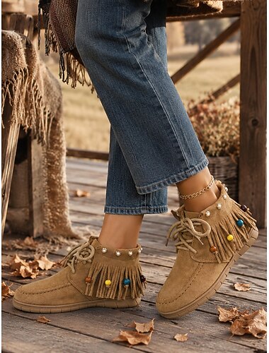  Bottines bohèmes kaki à franges pour femme, bottines lacées à bout mocassin ornées de perles et à semelle plate, idéales pour l'automne, les voyages et la campagne. &vêtements de tous les jours
