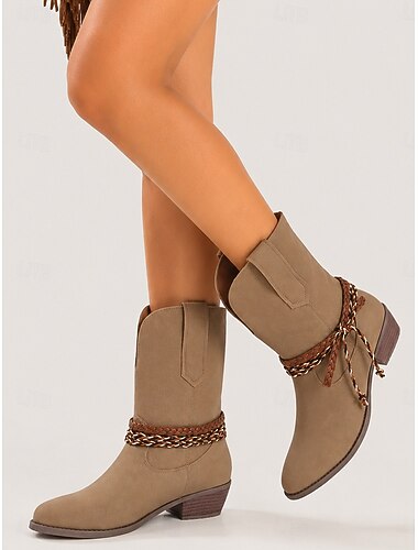  Stivali da cowboy da donna in camoscio color tortora - stivaletti western a metà polpaccio con cinturino intrecciato in stile boho e tacco basso a blocco, perfetti per lo streetwear autunnale e