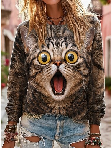  Dame Pullover Trykt mønster Katt Aktiv Årgang Mote Langermet Crew-hals Vanlige topper Avslappet Hjem Hverdag Blå Gul Brun Vår Høst Vinter