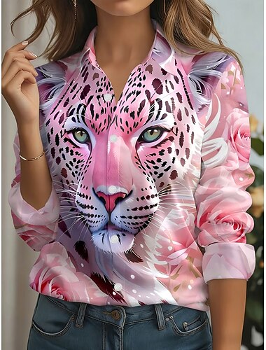  Mujer Camisa Top de satén Camisa de raso Tops de verano Graphic Animal Leopardo Vintage Elegante Básico Manga Larga Cuello Camisero Tops regulares Casual Diario Festivos Rosa rubor Negro Rosa Verano