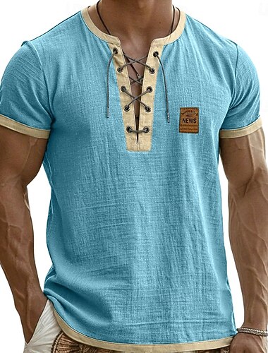  Herren T Shirt Henley Hemd T-Shirt Kurzarmshirt Kurzarm Crossover-Kragen Frühling & Sommer Sommer Frühling Farbblock Mode Designer Basic Patchwork Lässig Urlaub Straße Blau Schwarz Rosa Top T-Shirt