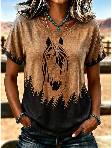  Dames T-shirt Afdrukken Grafisch Geometrisch Tribal Bohemen Vintage Stijlvol Korte mouw Strakke ronde hals Normale tops Casual Dagelijks Vakantiekleding blauw Wit Khaki Bruin Zomer Lente
