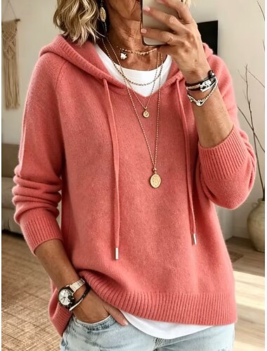 Dame Genser Mote Fritid Helfarge Med hette Med hette Langermet Vanlige topper Strikke Rosa Lilla Vår Høst