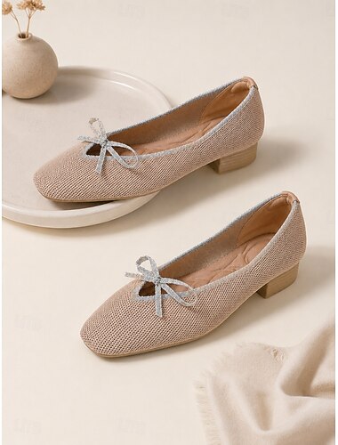  Ballerine da donna in maglia beige di ispirazione francese, scarpe basse con fiocco e tacco basso in mesh elasticizzato traspirante, soletta imbottita, scarpe eleganti e comode per donne over 35,