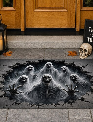  felpudo de Halloween con ilusión óptica 3D, felpudo de entrada con esqueleto y fantasma, alfombra de entrada para interiores y exteriores con suelo agrietado, calavera aterradora, decoración de porche
