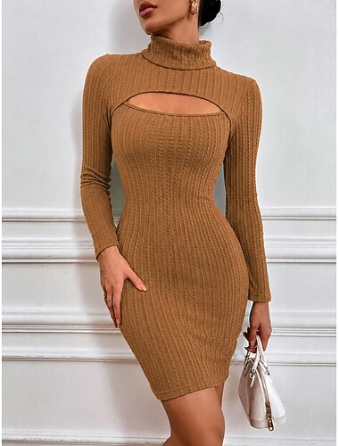  Damen Minikleid Pulloverkleid Bodycon Mode Modern Täglich Urlaub Schlank Einfach Langarm Rollkragen Braun Herbst Winter