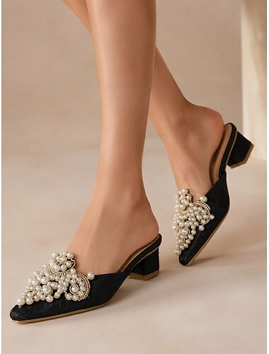  Women's Black Pearl Mules - Elegant Square Toe Low Block Heel Backless Pumps for Cocktail Parties, Evening Dinner Party Dress Shoes