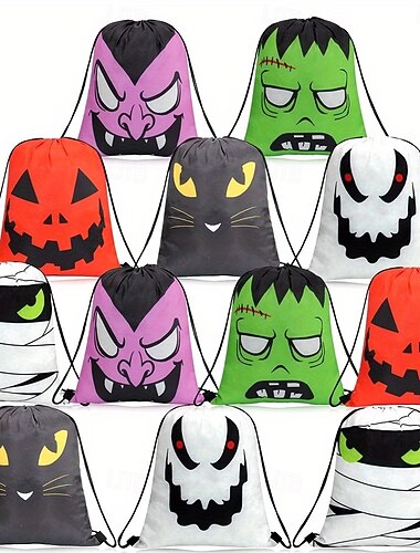  12 sacchetti con coulisse a tema Halloween/horror per feste - realizzati in poliestere resistente e riutilizzabile, adatti come regali per compleanni, Natale e feste di Halloween - zainetti portatili