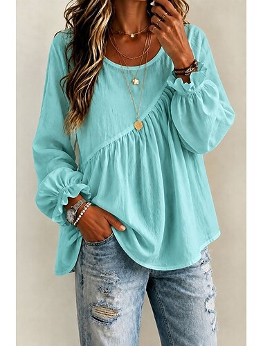  vit boho-blus med rund hals och långärmad volangkant för kvinnor