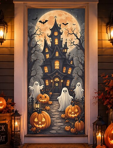  Cubierta de puerta de Halloween, pancarta de puerta de casa embrujada, fantasma, calabaza, luna llena, linterna de Jack-o'-lantern, fondo de puerta principal, porche, entrada, decoración de fiesta de