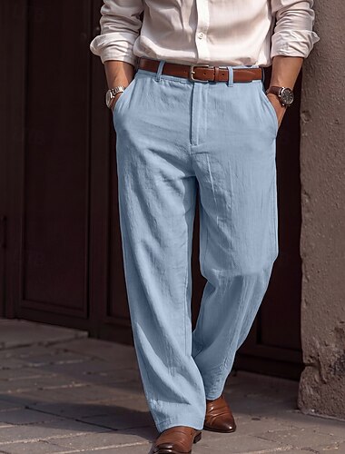  Voor heren Linnen broek Broek Pakken Vrijetijdsbroek Zak Elastische taille Recht been Effen Comfortabel Ademend Volledige lengte Casual Dagelijks liiketoiminta Modieus Basic blauw Wit Inelastisch