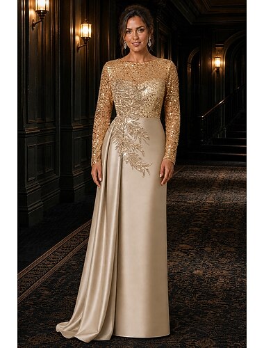  Schlauchkleid Bodenlang Abendkleid Ballkleid mit Überrock Elegant luxuriös Glitzern Langarm U-Boot-Ausschnitt Hochzeit Formell Satin Spitze mit Falten Paillette Applikationen