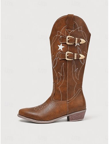  Stivali da cowboy western da donna marroni con ricami a stella, alti fino al ginocchio e doppia fibbia metallica laterale, stivali da cowgirl retrò in ecopelle effetto invecchiato per concerti country